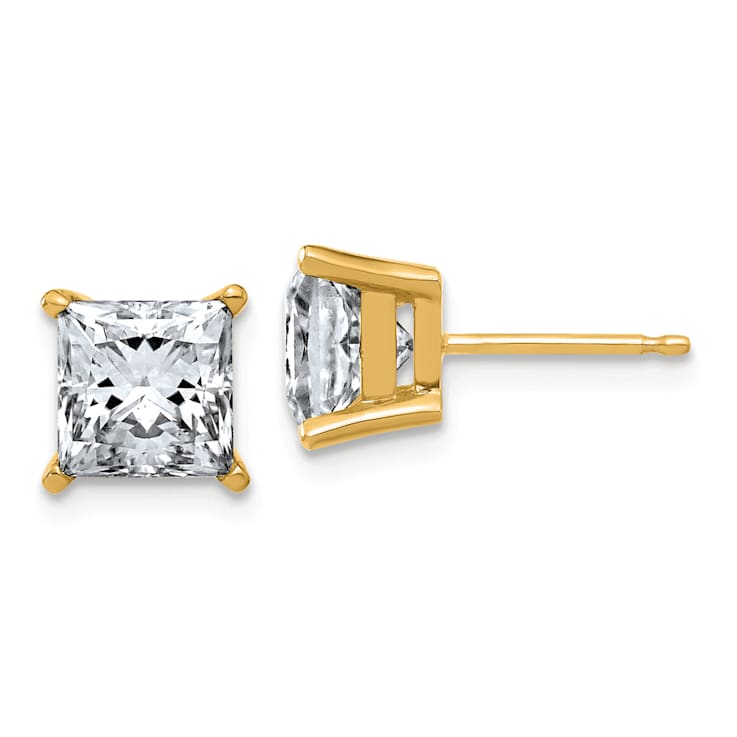 14K Yellow Gold 3ct. 6.5mm Princess D E F Pure Light Moissanite Earrings