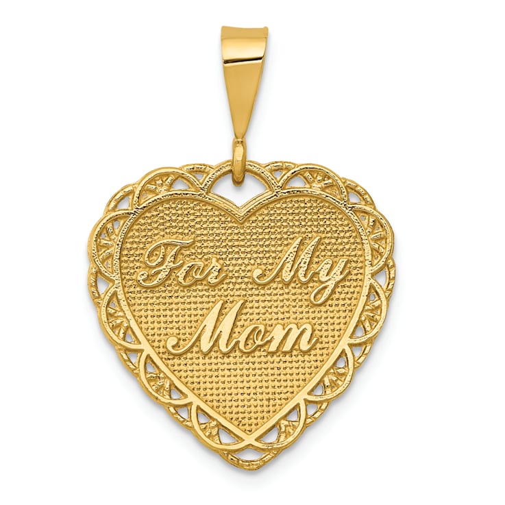 14k Yellow Gold Brushed and Textured Reversible For My Mom Heart Pendant