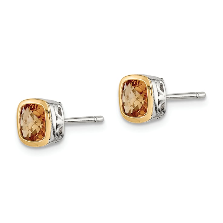 Rhodium Over Sterling Silver with 14k Accent Citrine Square Stud Earrings