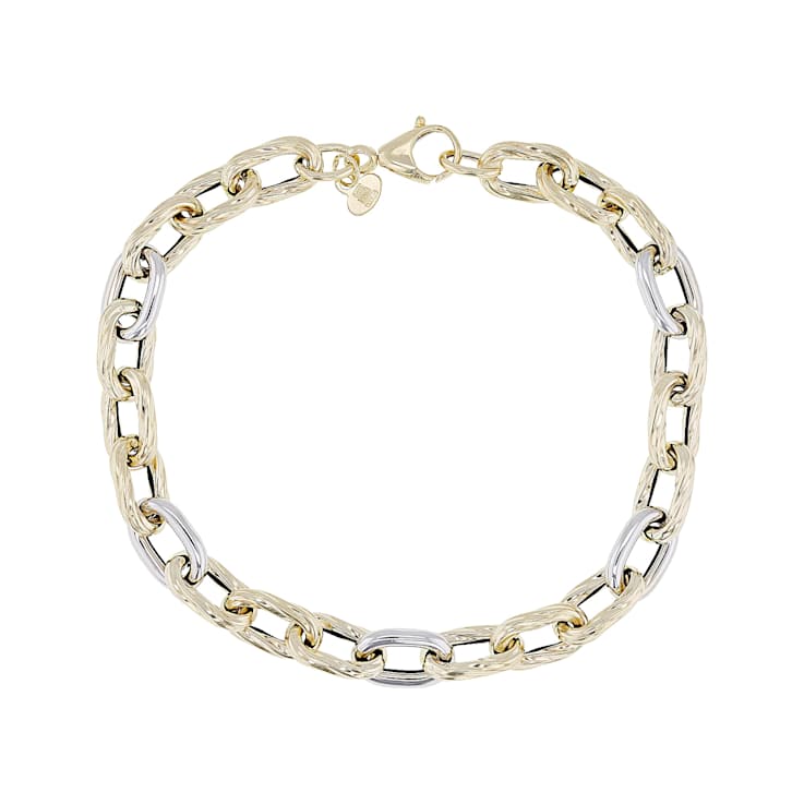 Two-Tone Rolo Link Bracelet In Solid 14K Yellow And White Gold 7mm