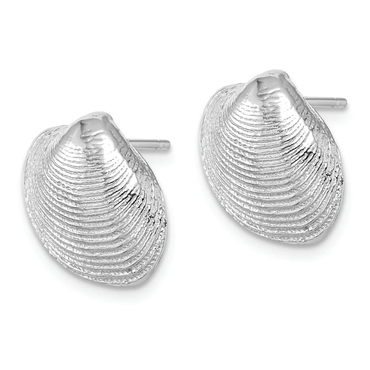 Rhodium Over 14k White Gold Textured Clam Shell Stud Earrings