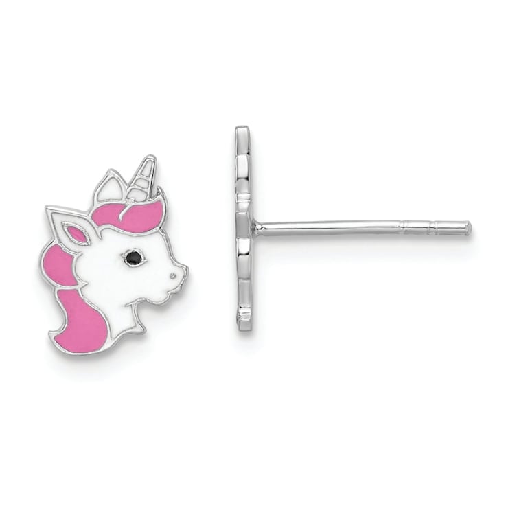 Rhodium Over Sterling Silver Enamel Unicorn Post Earrings