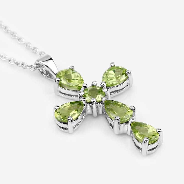 Green Peridot Rhodium Over Sterling Silver Cross Pendant With Chain