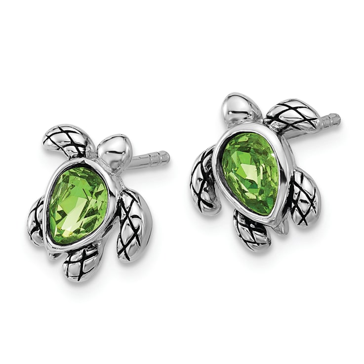 Rhodium Over Sterling Silver Antiqued Crystal August Birthstone Turtle Earrings