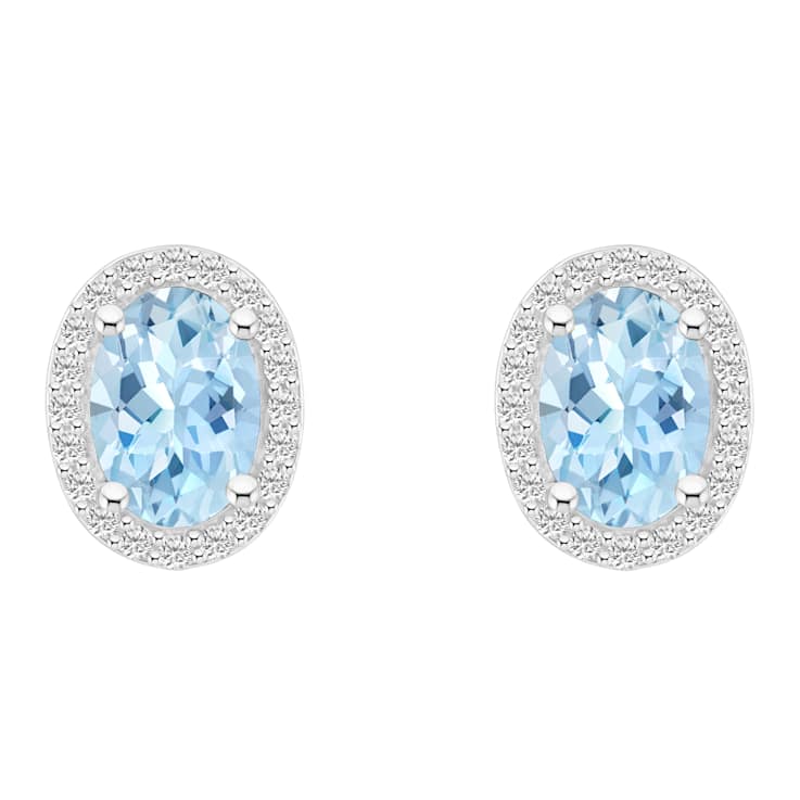 7x5mm Oval Simulated Aquamarine And Created White Sapphire 10k White
Gold Halo Stud Earrings
