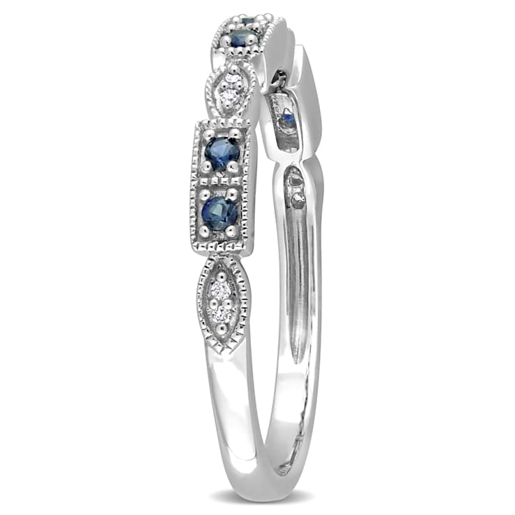 Blue Sapphire and Diamond 10K White Gold Semi Eternity Ring 0.14ctw