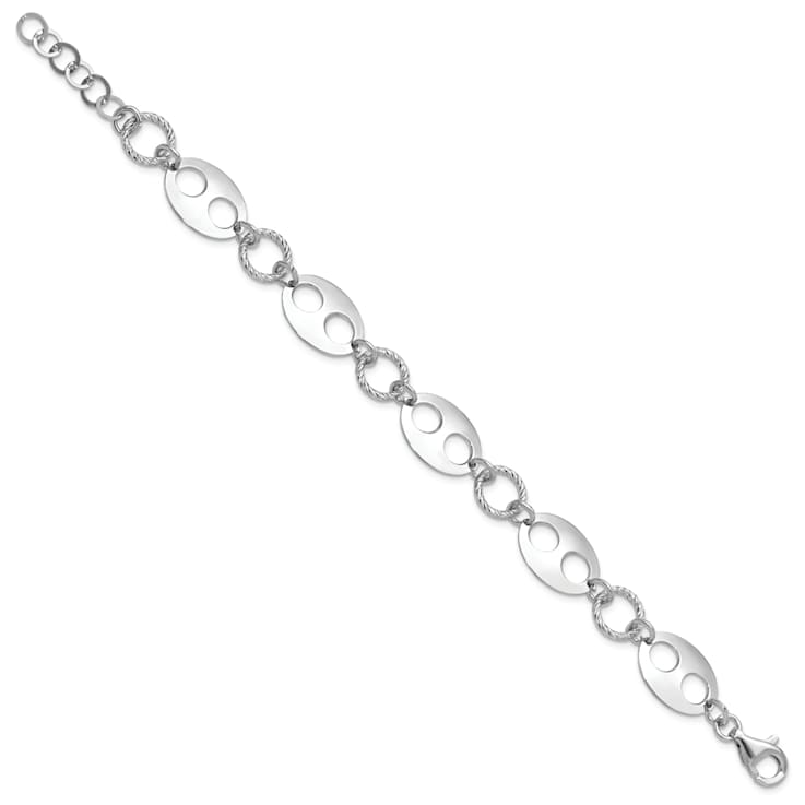 Rhodium Over Sterling Silver Diamond-cut Link  with 1-inch Extension Bracelet