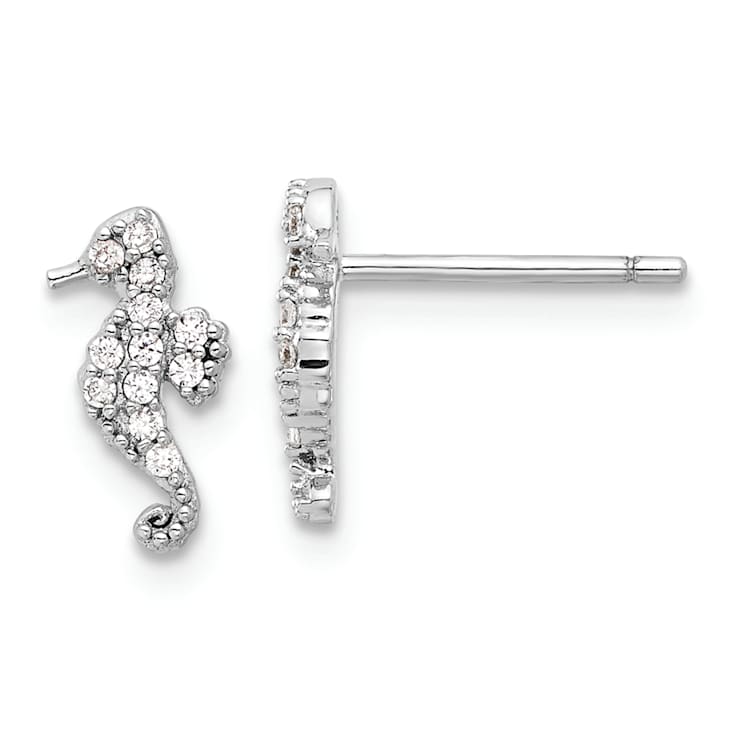 Rhodium Over Sterling Silver Polished Cubic Zirconia Seahorse Post Earrings