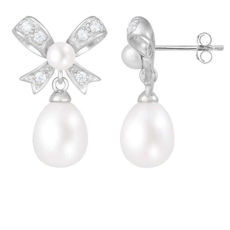 4.5-8.5mm White Cultured Freshwater Pearl and Cubic Zirconia Rhodium
Over Sterling Silver Earrings
