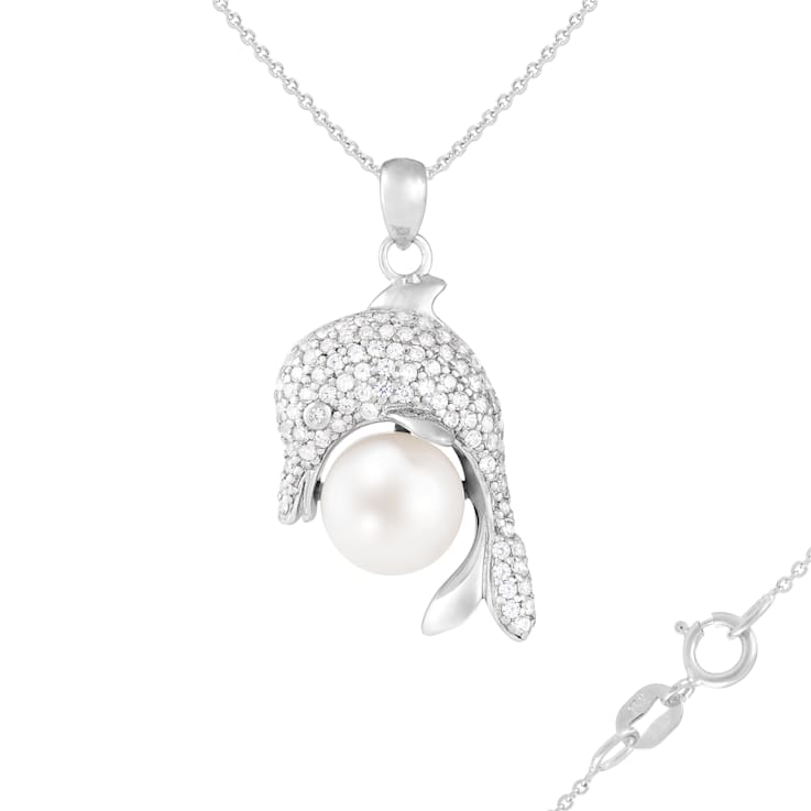 10-11mm Button White Cultured Freshwater Pearl and CZ Rhodium Over
Sterling Silver Pendant