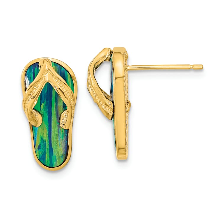 14k Yellow Gold Polished and Textured with Lab Created Blue Opal Flip
Flop Stud Earrings