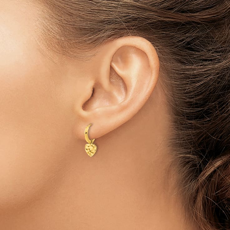 Stainless Steel Polished Hammered Yellow IP Heart Dangle Hoop Earrings