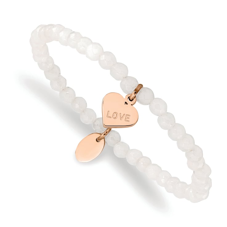Rose Stainless Steel Polished LOVE Heart Jade Stretch Bracelet