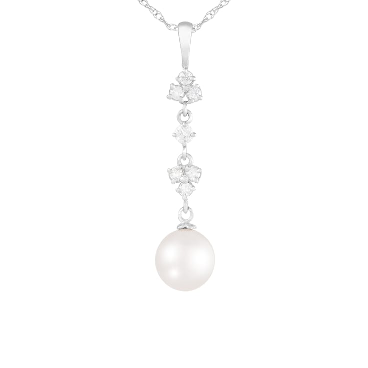 White Cultured Freshwater Pearl and Diamond 14K White Gold Pendant 7-7.5mm