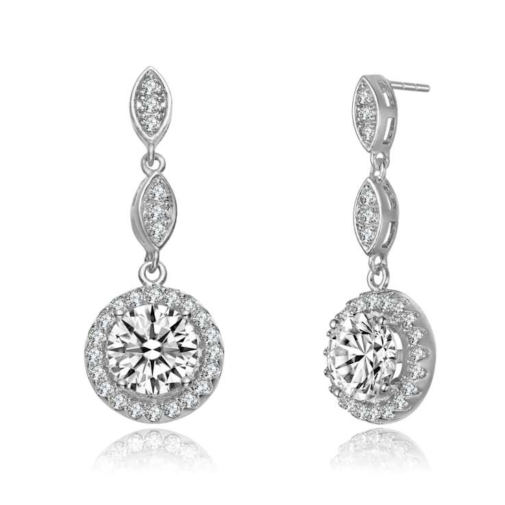 CZ Halo Drop Earrings In Sterling Silver