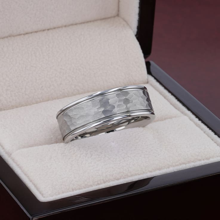 THORNTON Hammered Finish White Tungsten Carbide Wedding Band with Offset
Grooves/Polished Edges 8mm