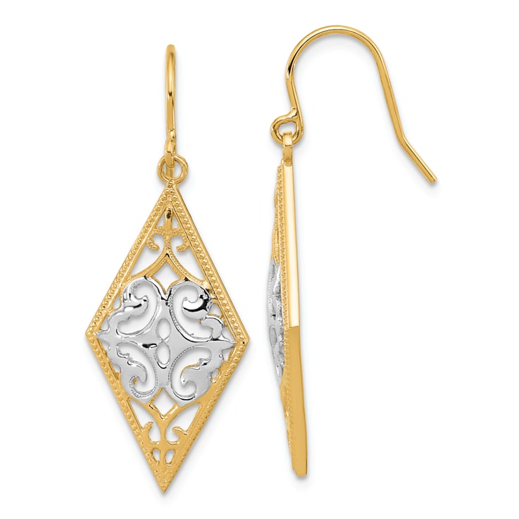 14K Two-tone Gold Diamond Shape Filigree Dangle Earrings