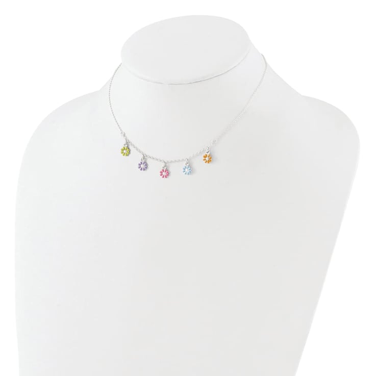 Sterling Silver Polished Multi-color Enameled Flowers Children's Necklace
