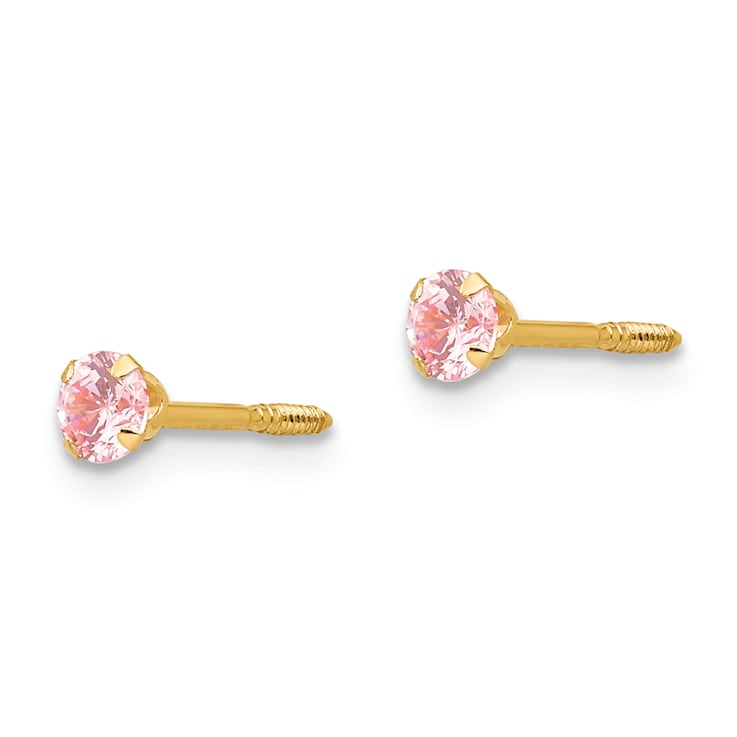 14k Yellow Gold 3mm Pink Cubic Zirconia Stud Earrings