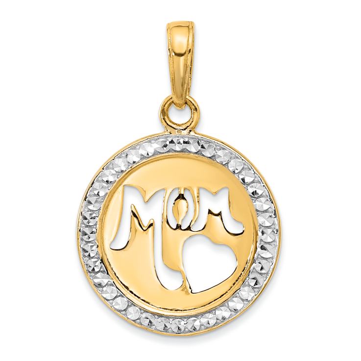 14k Two-tone Gold Diamond-cut MOM Cut-out Heart Pendant