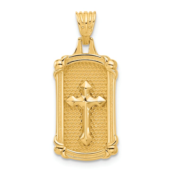 14K Yellow Gold Polished and Textured Dog Tag Cross Pendant