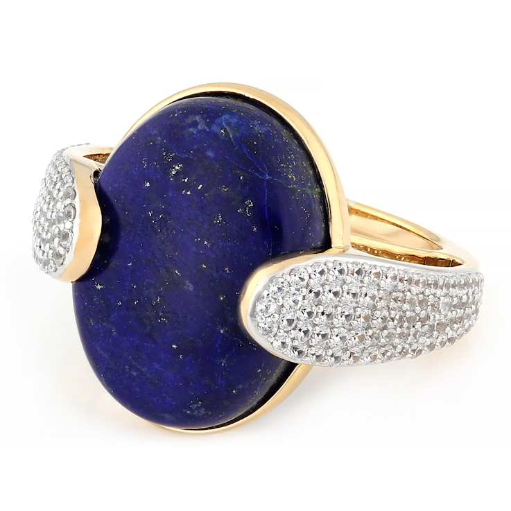 Lapis Lazuli Large Oval And White Zircon Ring In 18K Gold Over Sterling
Silver 1.44ctw