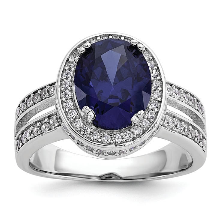 Rhodium Over Sterling Silver Polished Blue and White Cubic Zirconia Halo Ring
