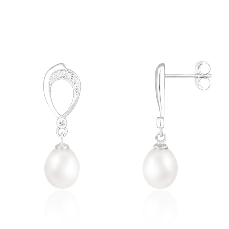 7.5-8mm White Cultured Freshwater Pearl Rhodium Over Sterling Silver Earrings