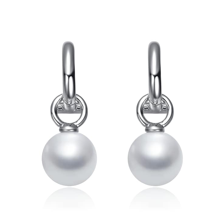 Shell Pearl Drop Huggie Earrings In White Rhodium Over Brass
