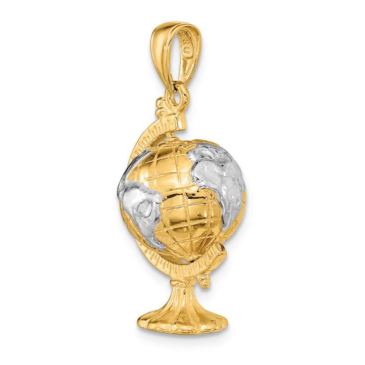 14k Yellow Gold and Rhodium Over 14k Yellow Gold 3D Moveable Textured
Globe Pendant