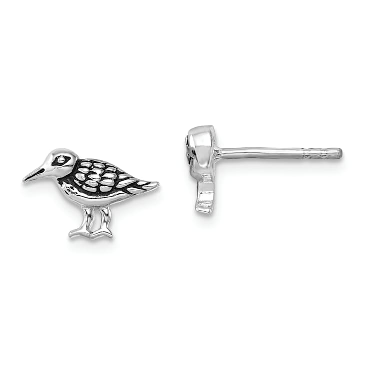 Rhodium Over Sterling Silver Antiqued Sandpiper Post Earrings
