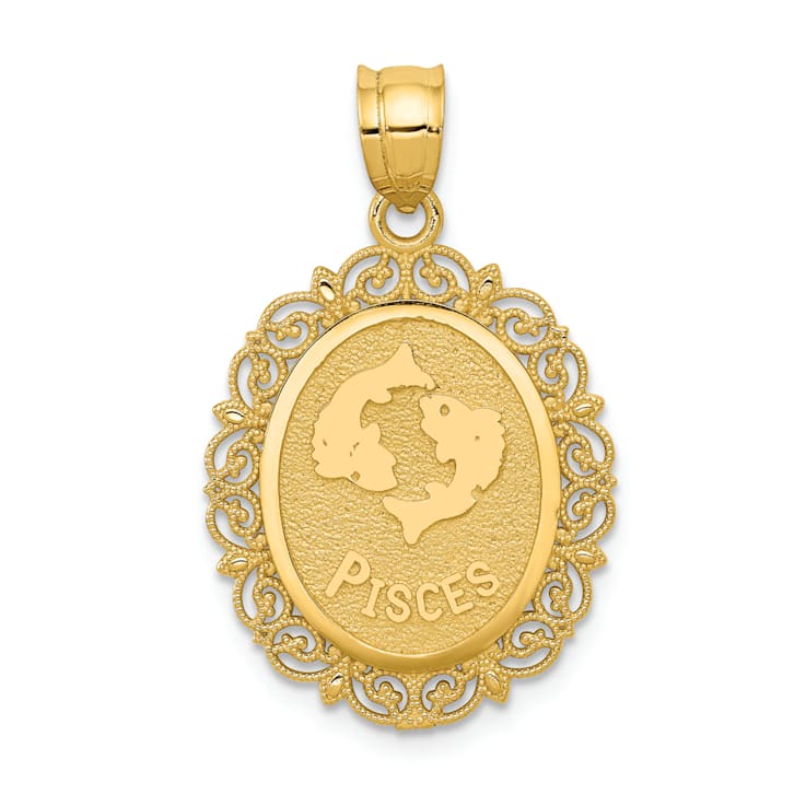 14k Yellow Gold Solid Satin, Polished and Textured Pisces Zodiac Oval Pendant