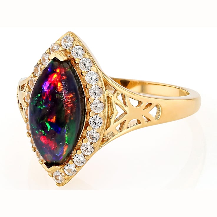 Black Opal Marquise And White Zircon Ring In 18K Gold Over Sterling
Silver 1.17ctw