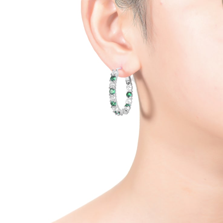 Green Color Cubic Zirconia, Rhodium White Gold Over Brass Base Inside
Out Hoop Earrings 6.9ctw