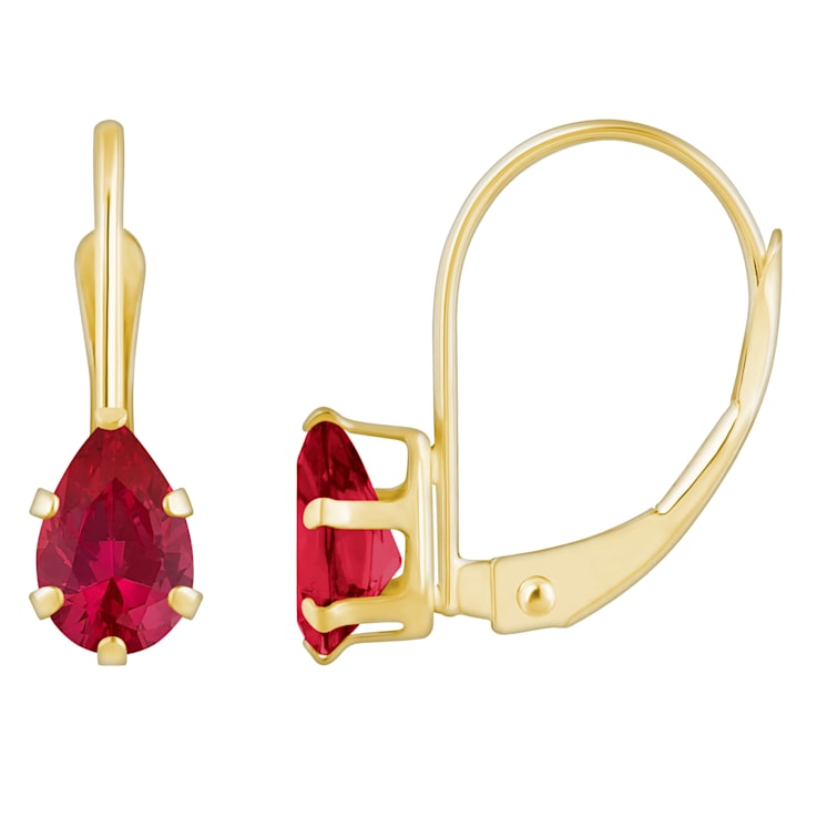 6x4mm Pear Shape Lab Created Ruby 10k Yellow Gold Drop Earrings