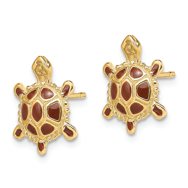 14k Yellow Gold Textured Sea Turtle with Spiny Brown Enamel Shell Earrings