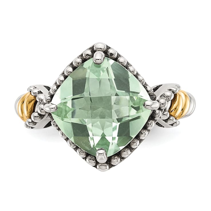 Sterling Silver with 14K Accent Antiqued Prasiolite Cushion Ring