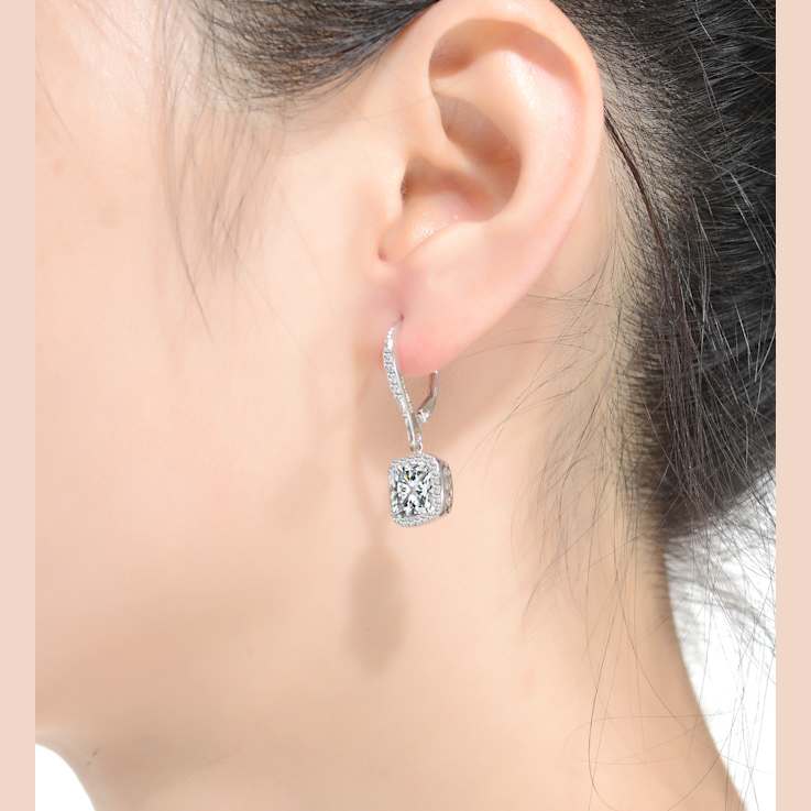 CZ Halo Square Drop Earrings In Sterling Silver