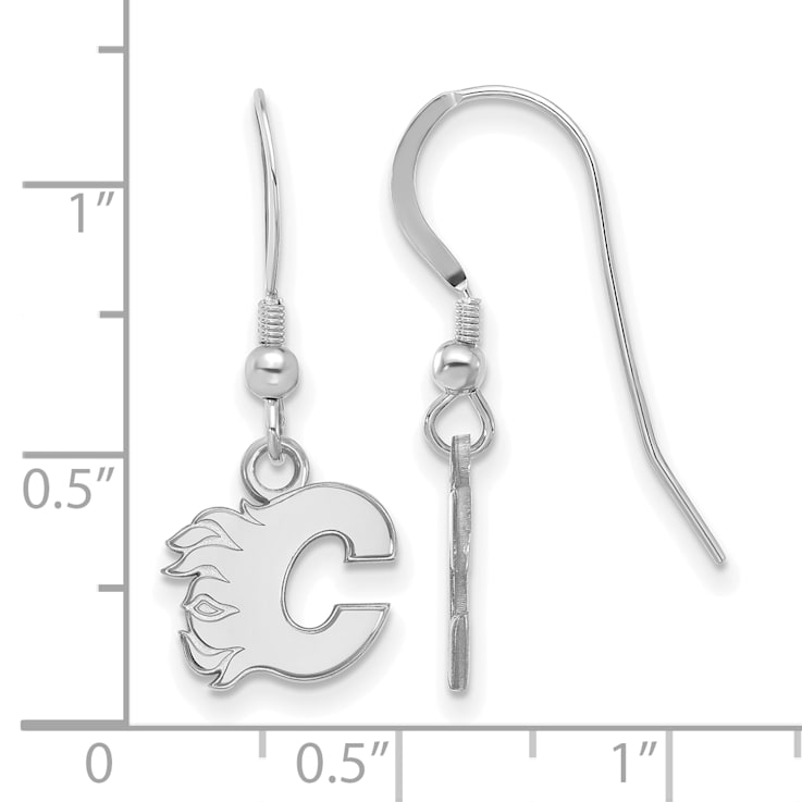 Rhodium Over Sterling Silver NHL Calgary Flames LogoArt Dangle Earrings