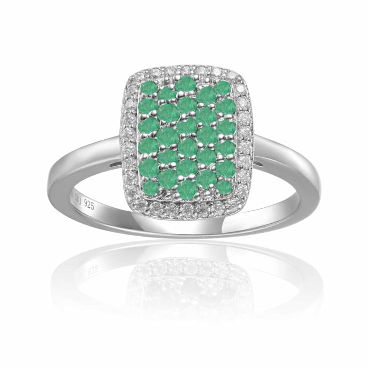 Emerald and Moissanite Sterling Silver Rectangle Cluster Ring