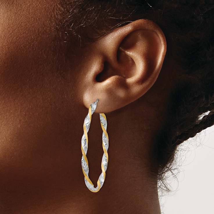 14k Two-tone 1 9/16" Twisted Diamond-Cut Oval Hoop Earrings