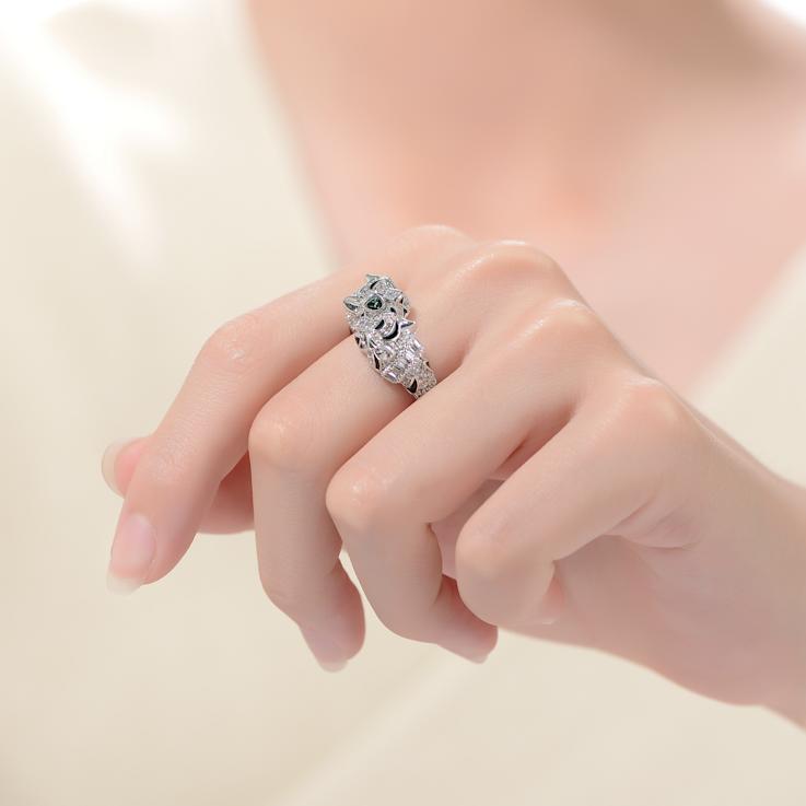 Emerald Color CZ Panther Bypass Ring In White Rhodium Over Brass