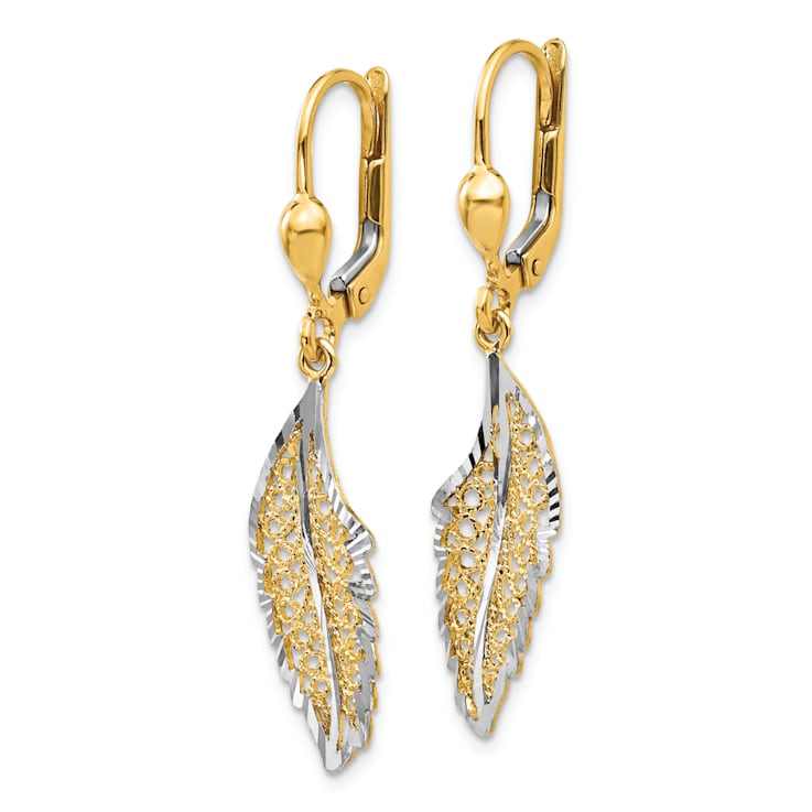 14K Yellow Gold With White Rhodium Polished/Textured Leaf Leverback
Dangle Earrings
