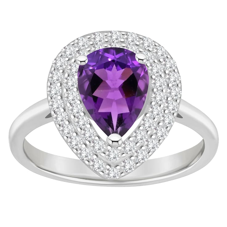 8x5mm Pear Shape Amethyst And White Topaz Accents Rhodium Over Sterling
Silver Double Halo Ring