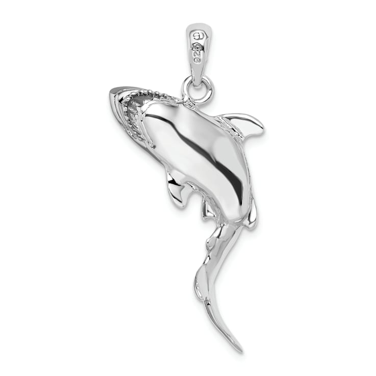 Rhodium Over Sterling Silver Polished 3D Swimming Shark Pendant