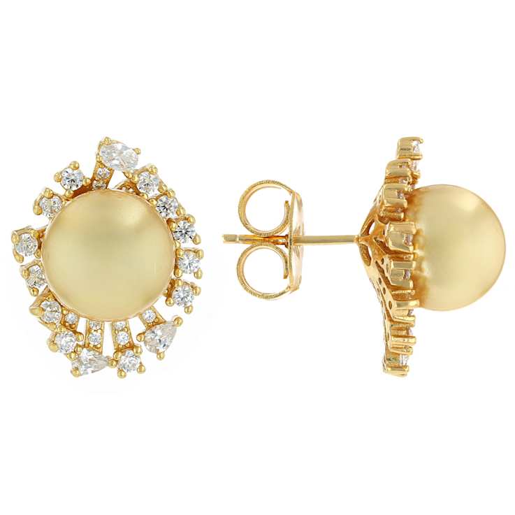 Golden South Sea Shell Pearl And CZ Earrings In 18K Gold Over Sterling
Silver 10mm