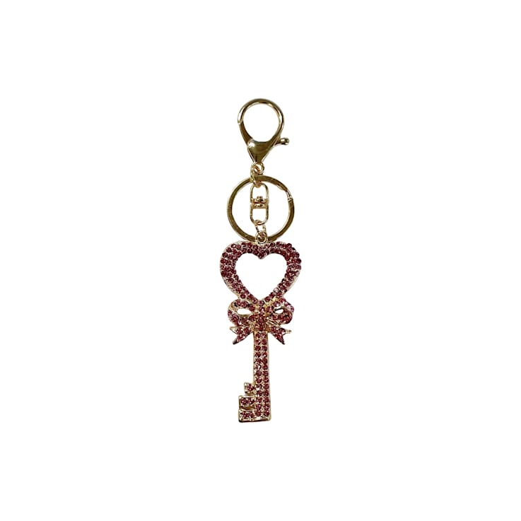 Gold Tone Rose Pink Crystal Key Chain