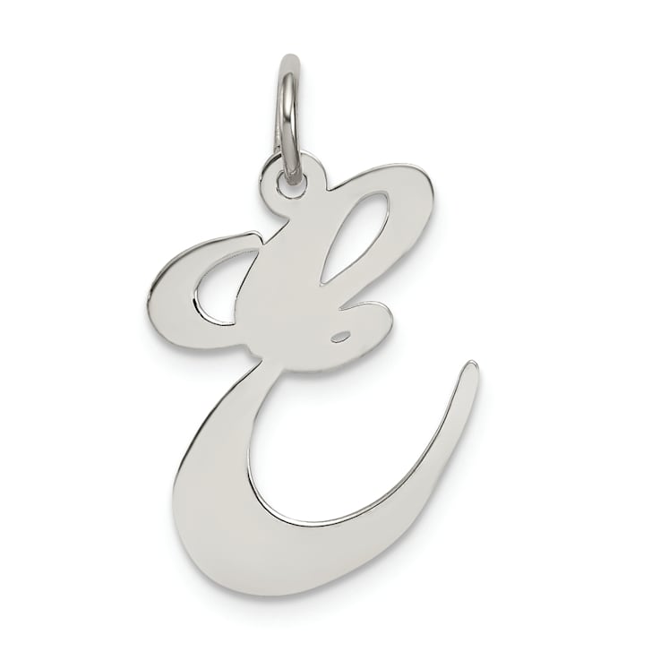 Rhodium Over Sterling Silver Fancy Script Letter E Initial Charm