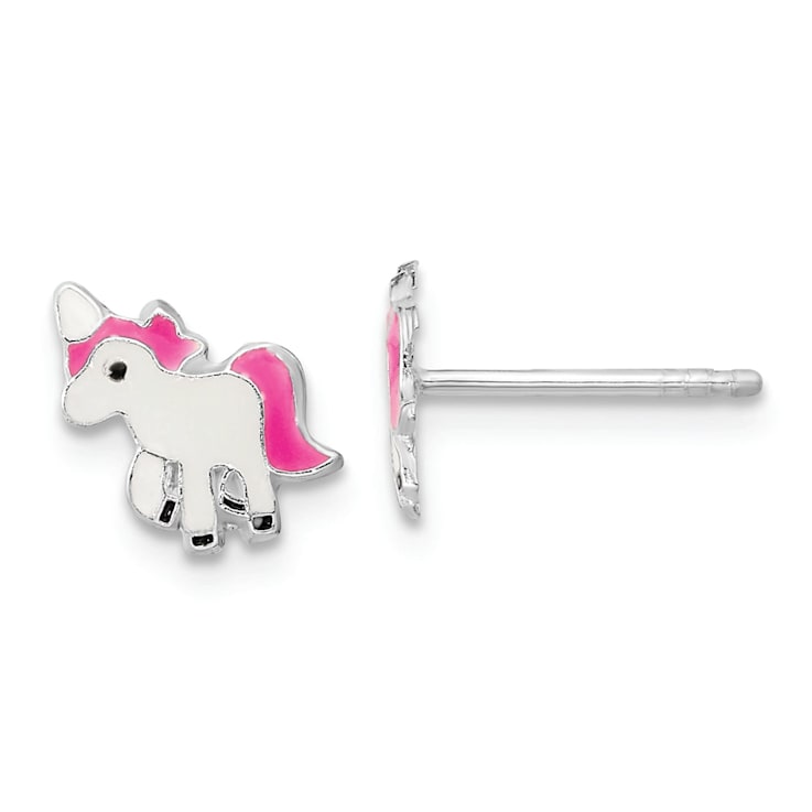 Rhodium Over Sterling Silver Enamel Unicorn Post Earrings