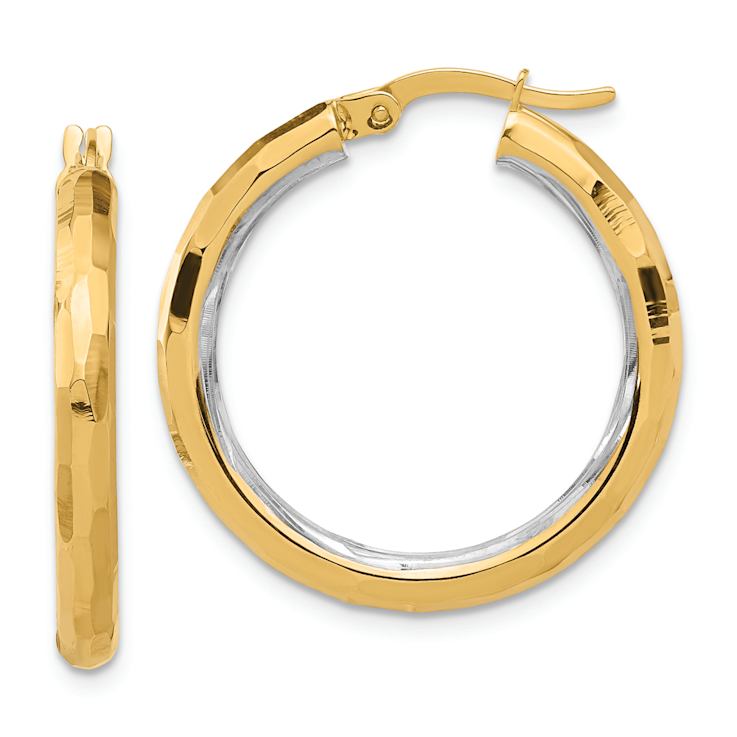 14k Yellow Gold and Rhodium Over 14k Yellow Gold Polished and
Diamond-Cut 1 1/16" Hoop Earrings